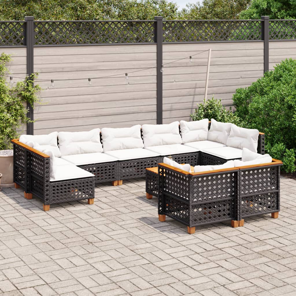 Set Divani Da Giardino 10pz Con Cuscini In Polyrattan Nero