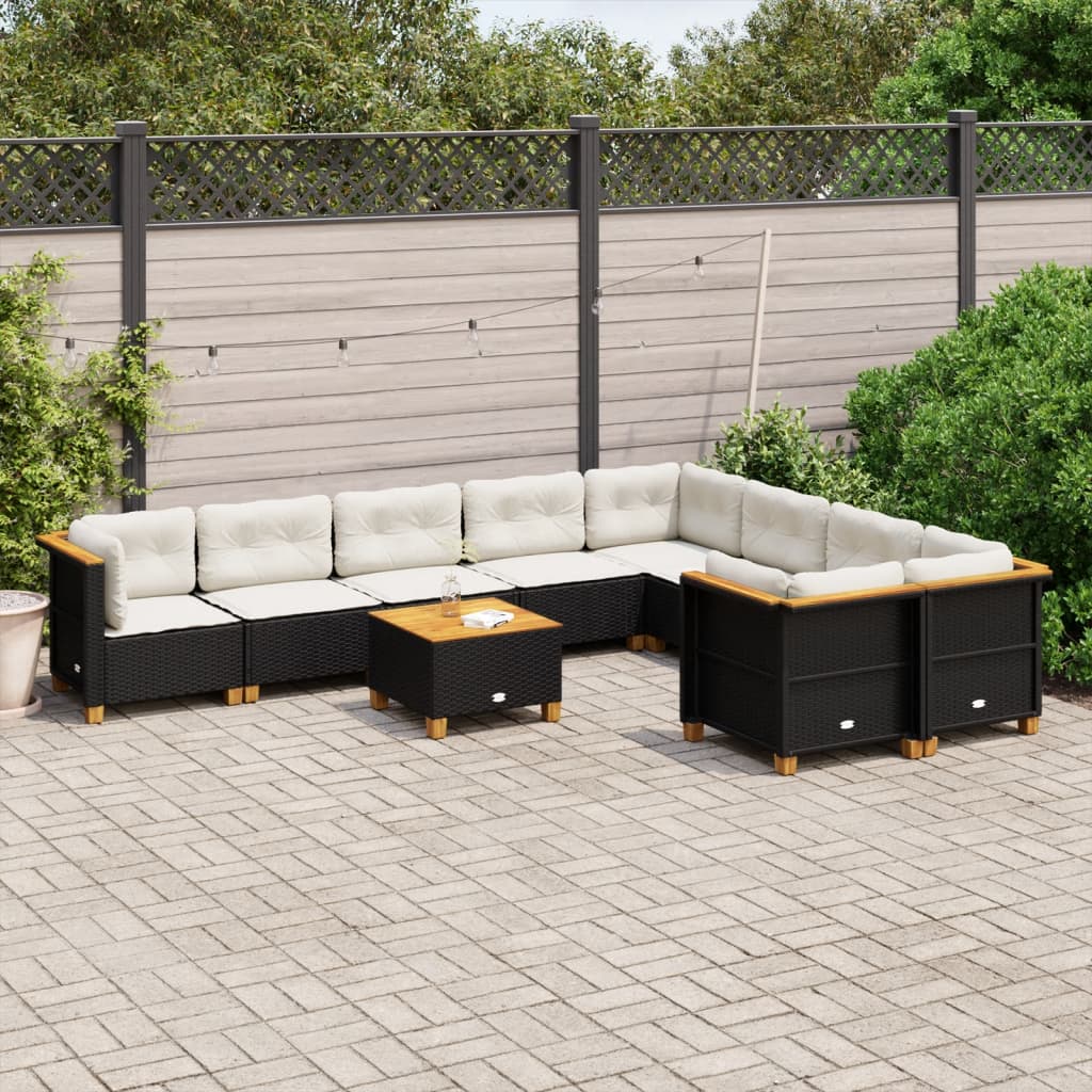 Set Divani Da Giardino 10pz Con Cuscini In Polyrattan Nero