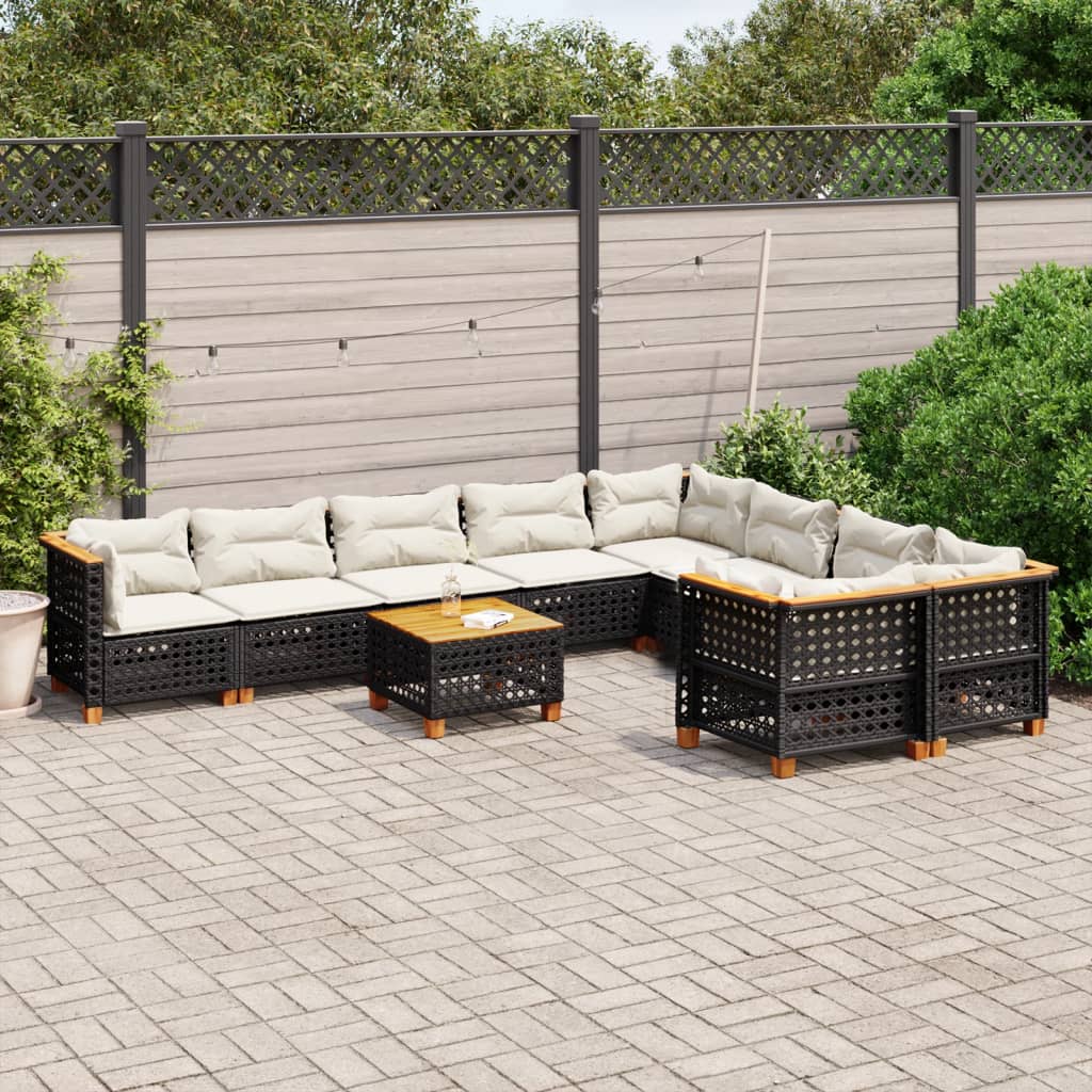Set Divani Da Giardino 10pz Con Cuscini In Polyrattan Nero