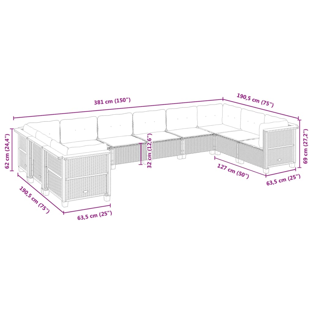 Set Divano Da Giardino 10 Pz Con Cuscini Grigio In Polyrattan - Image 6