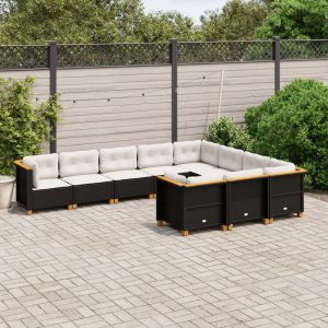 Set Divani Da Giardino 10pz Con Cuscini In Polyrattan Nero