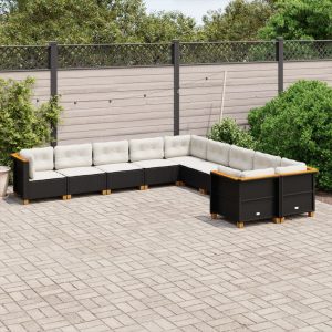 Set Divani Da Giardino 10pz Con Cuscini In Polyrattan Nero