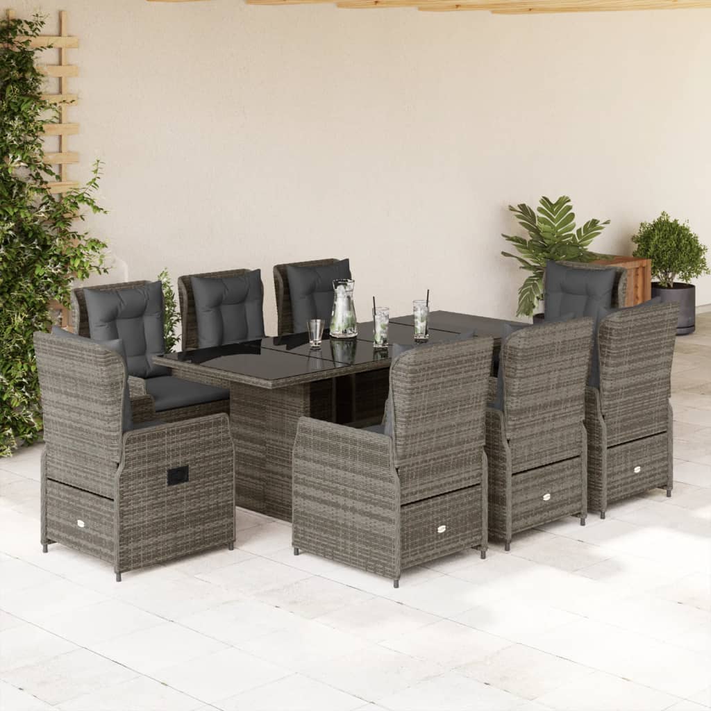 Set Da Pranzo Da Giardino 9 Pz Con Cuscini In Polyrattan Grigio