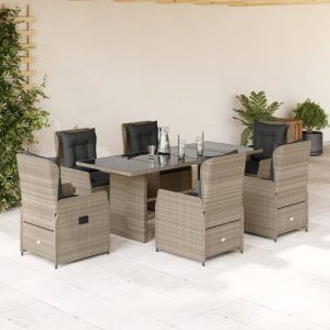 Set Da Pranzo Da Giardino 7 Pz Cuscini Polyrattan Grigio Chiaro