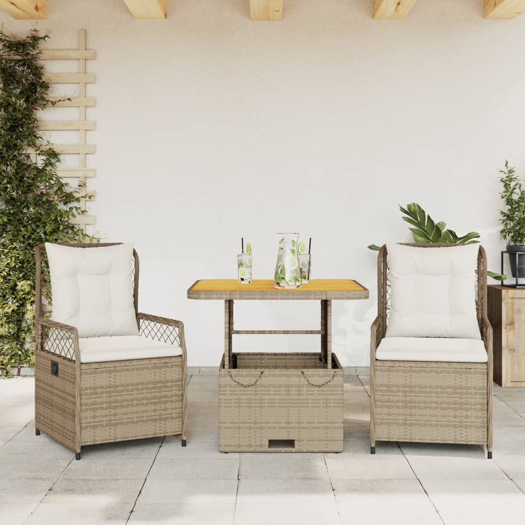 Set Da Pranzo Da Giardino 3 Pz Con Cuscini Beige In Polyrattan