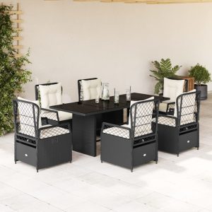 Set Da Pranzo Da Giardino 7 Pz Nero Con Cuscini In Polyrattan