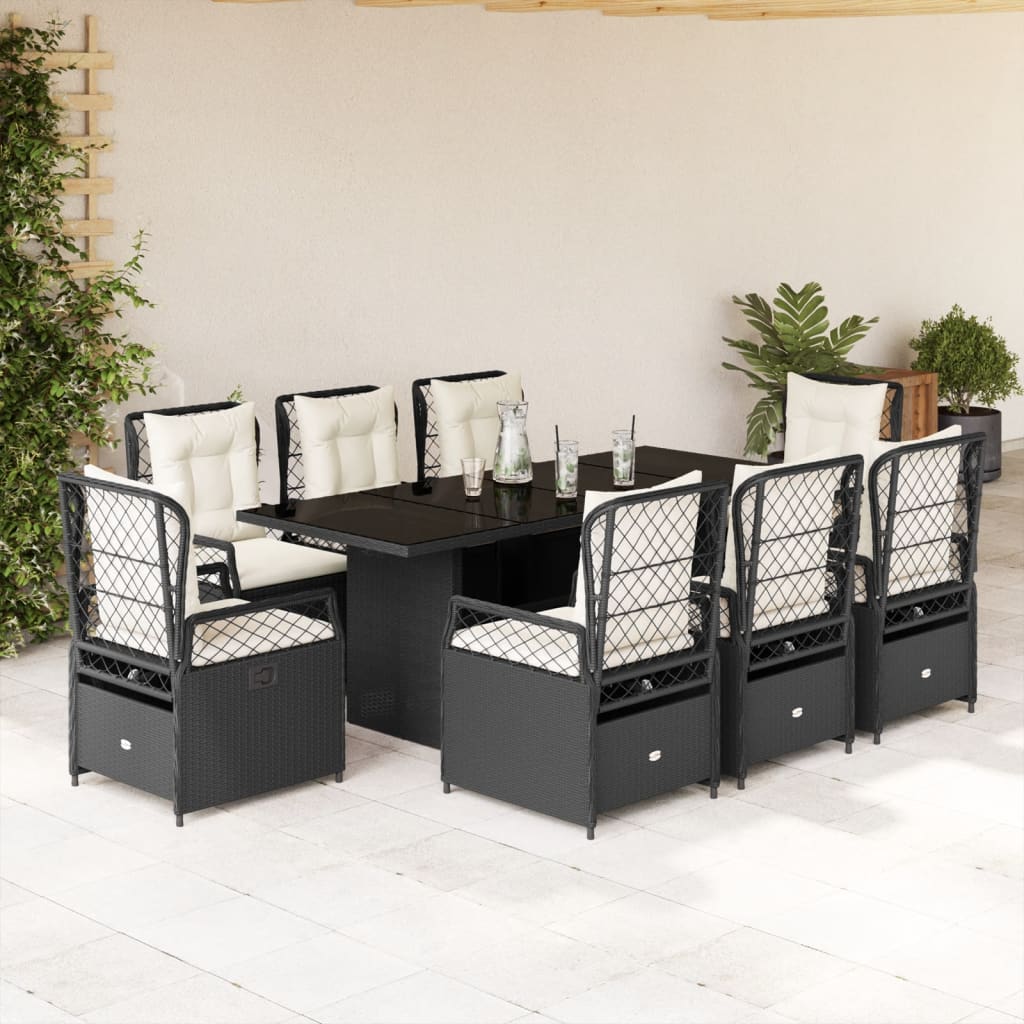 Set Da Pranzo Da Giardino 9 Pz Con Cuscini Nero In Polyrattan