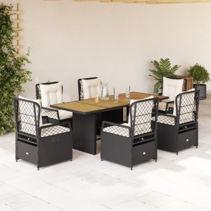 Set Da Pranzo Da Giardino 7 Pz Nero Con Cuscini In Polyrattan