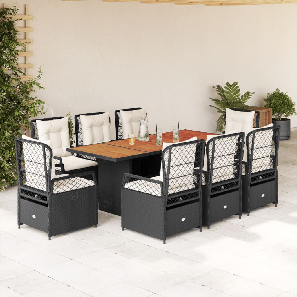 Set Da Pranzo Da Giardino 9 Pz Con Cuscini Nero In Polyrattan