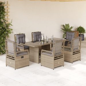 Set Da Pranzo Da Giardino 7 Pz Con Cuscini Beige In Polyrattan