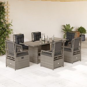 Set Da Pranzo Da Giardino 7 Pz Cuscini Polyrattan Grigio Chiaro