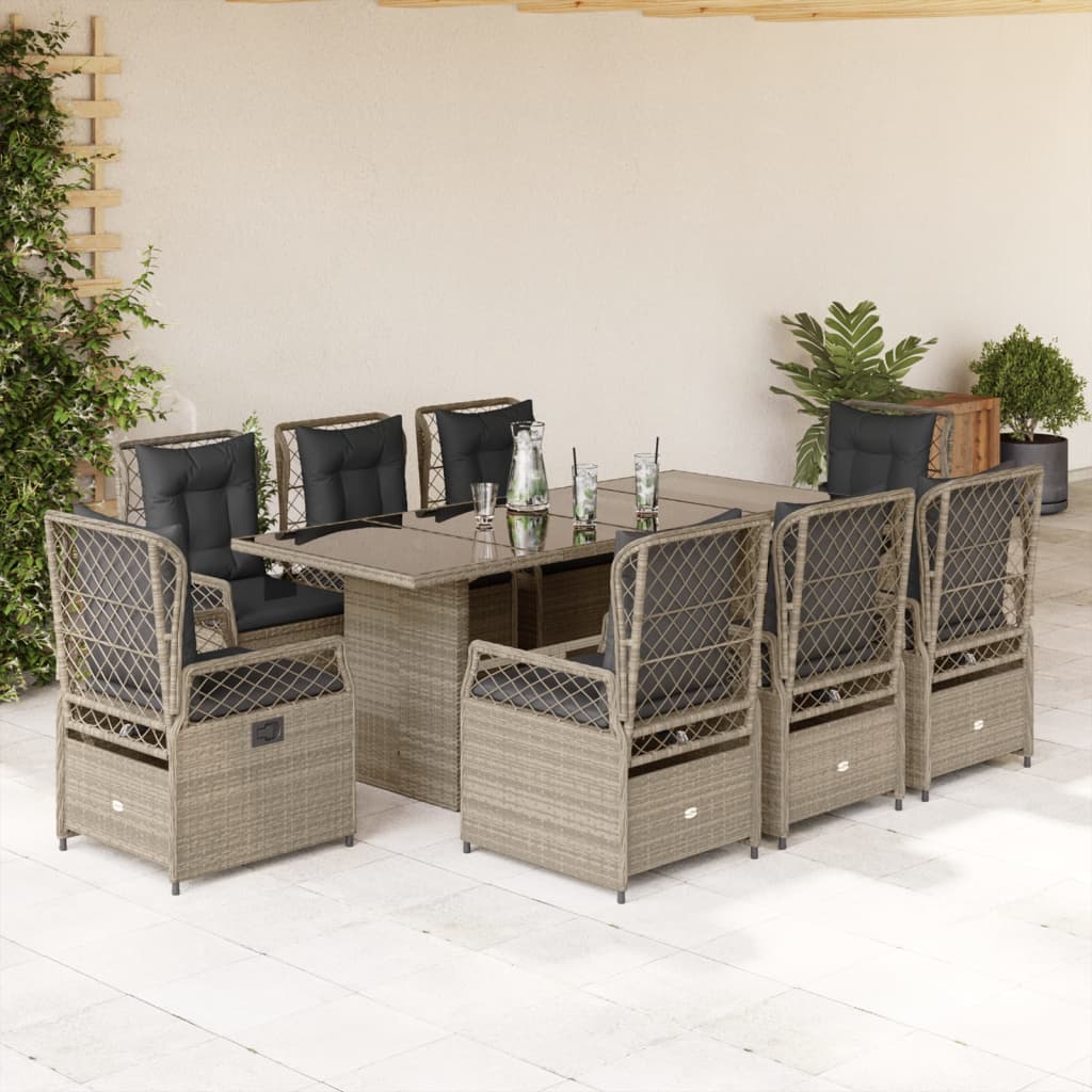 Set Pranzo Da Giardino 9pz Con Cuscini Grigio Chiaro Polyrattan