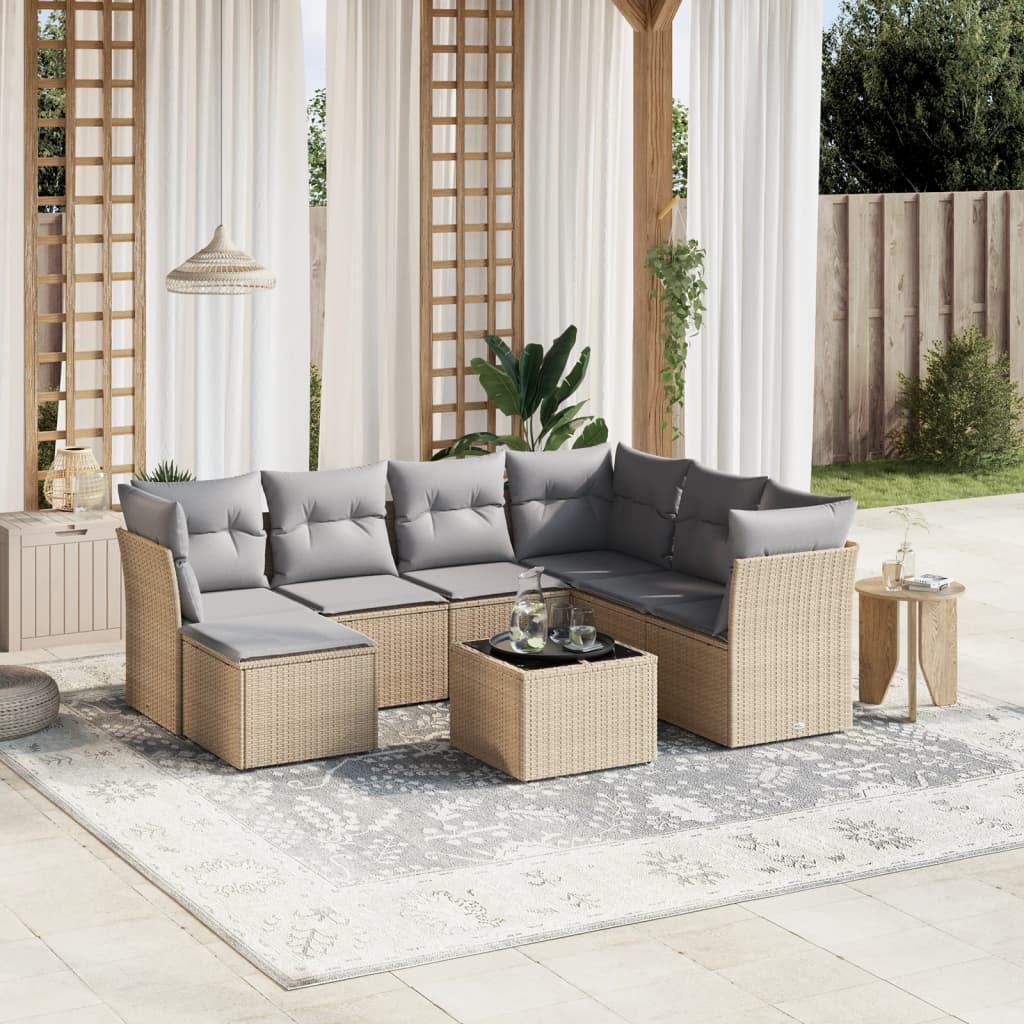 Set Divano Da Giardino 8 Pz Con Cuscini Beige Misto Polyrattan