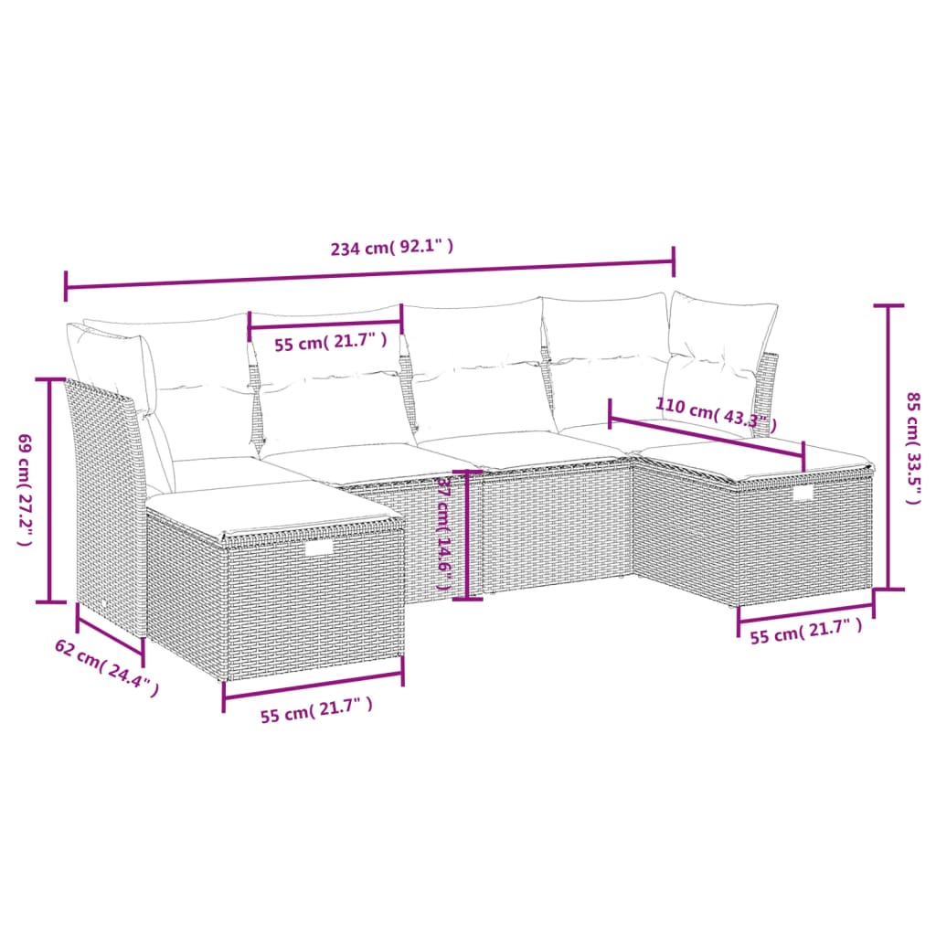 Set Divano Da Giardino 6 Pz Con Cuscini Marrone In Polyrattan - Image 4