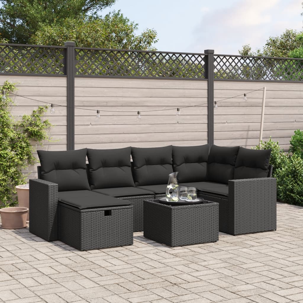 Set Divani Da Giardino Con Cuscini 7pz Nero Polyrattan