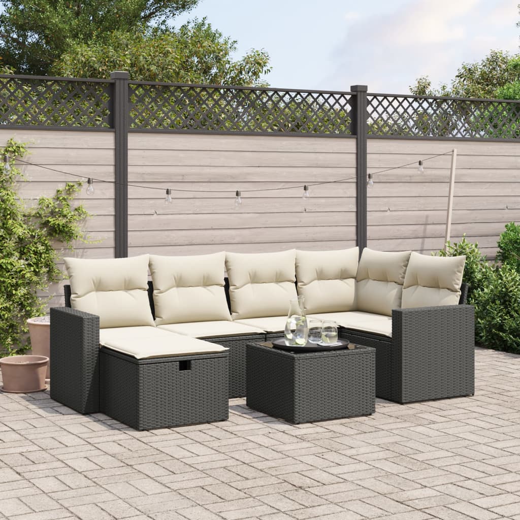 Set Divani Da Giardino Con Cuscini 7pz Nero Polyrattan