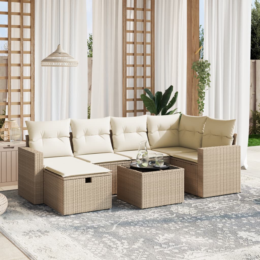 Set Divani Da Giardino 7 Pz Con Cuscini Beige In Polyrattan