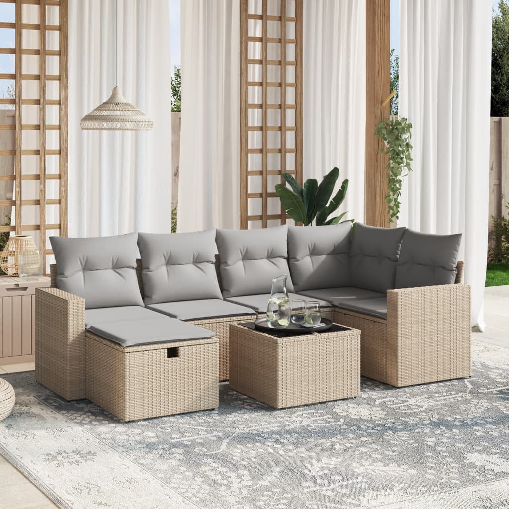 Set Divano Da Giardino 7 Pz Con Cuscini Beige Misto Polyrattan