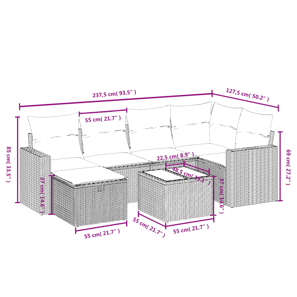 Set Divano Da Giardino 7 Pz Con Cuscini Beige Misto Polyrattan - Image 4