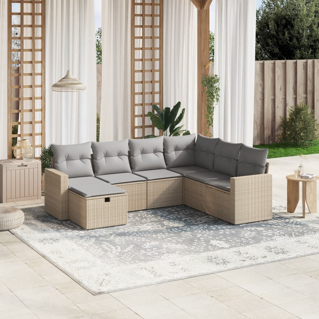 Set Divano Da Giardino 7 Pz Con Cuscini Beige Misto Polyrattan