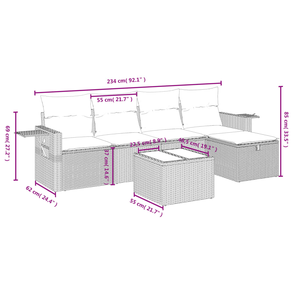 Set Divano Da Giardino 6pz Con Cuscini Grigio Chiaro Polyrattan - Image 4