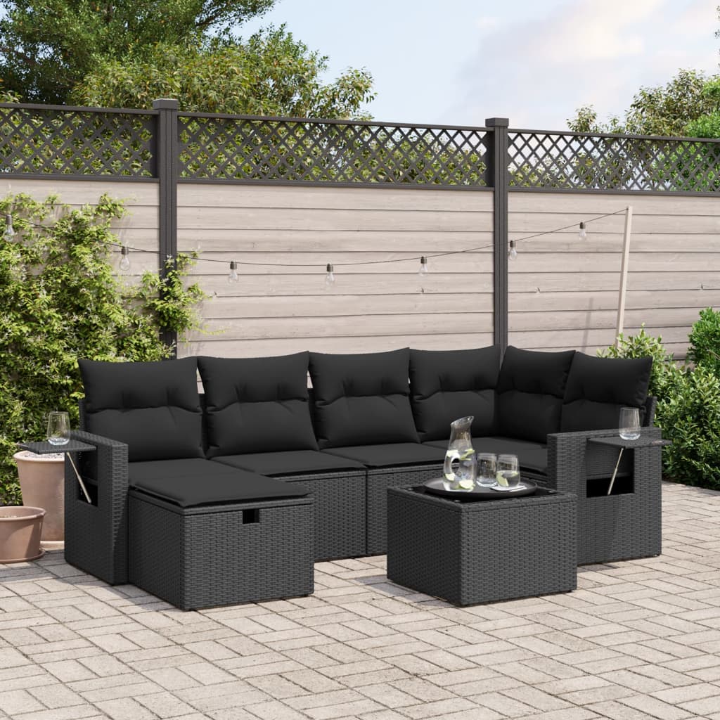Set Divani Da Giardino Con Cuscini 7pz Nero Polyrattan