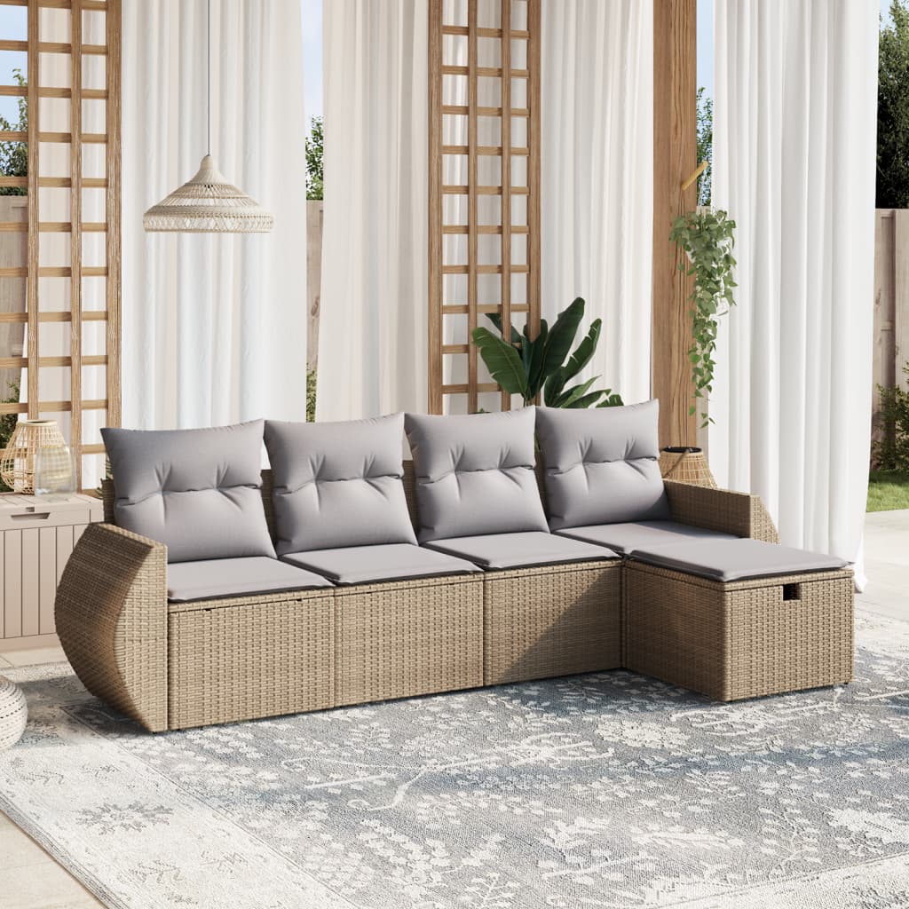 Set Divano Da Giardino 5 Pz Con Cuscini Beige Misto Polyrattan