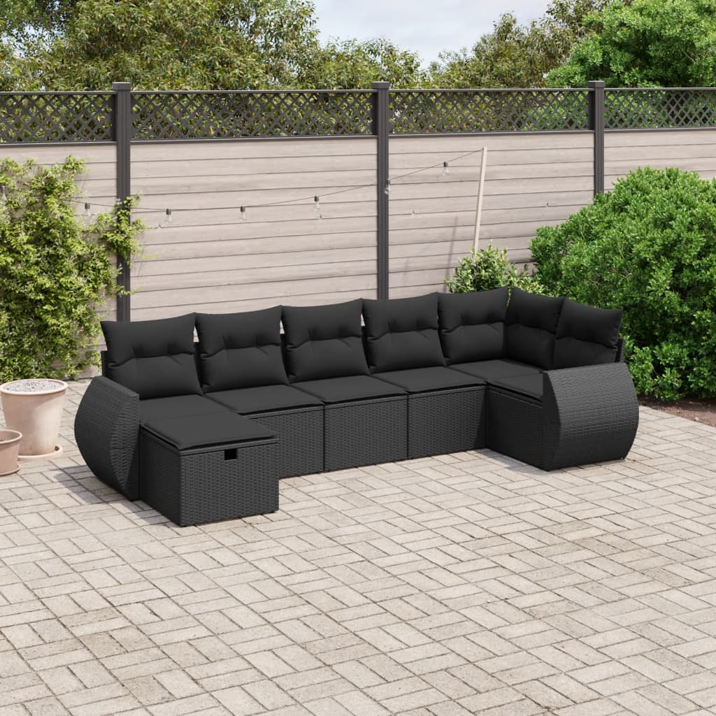 Set Divani Da Giardino Con Cuscini 7pz Nero Polyrattan