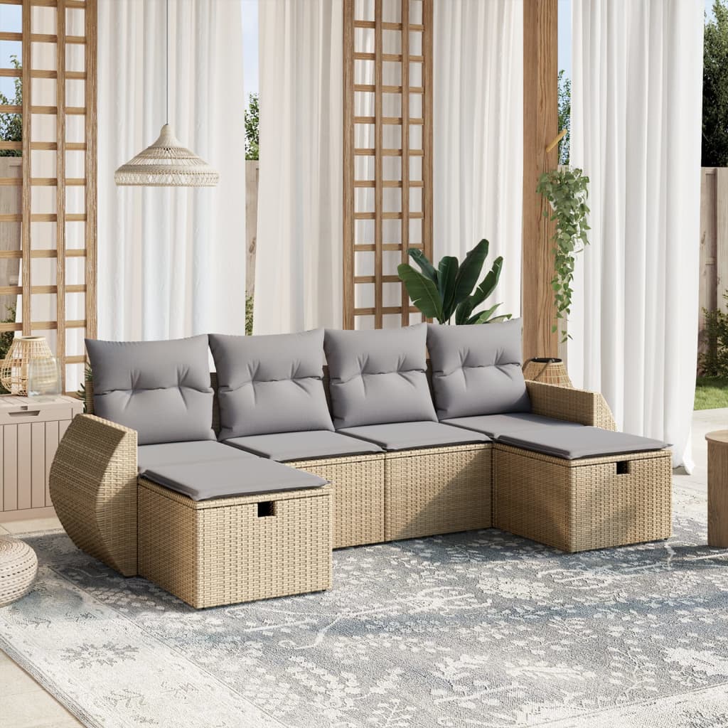 Set Divano Da Giardino 6 Pz Con Cuscini Beige Misto Polyrattan