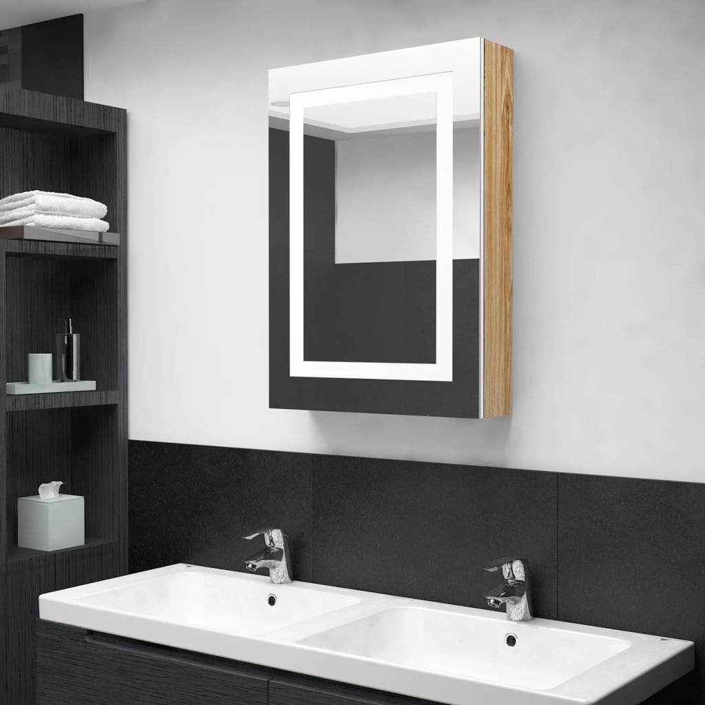 Armadietto Bagno Con Specchio E Led Bianco E Rovere 50x13x70 cm