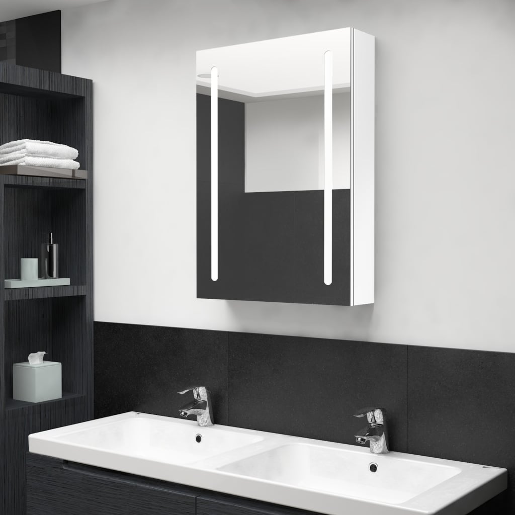 Armadietto Bagno Con Specchio E Led Bianco Lucido 50x13x70 cm