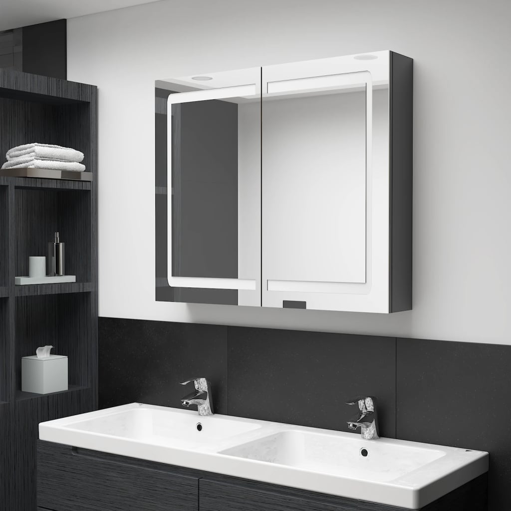 Armadietto Bagno Con Specchio E Led Grigio Lucido 80x12x68 cm