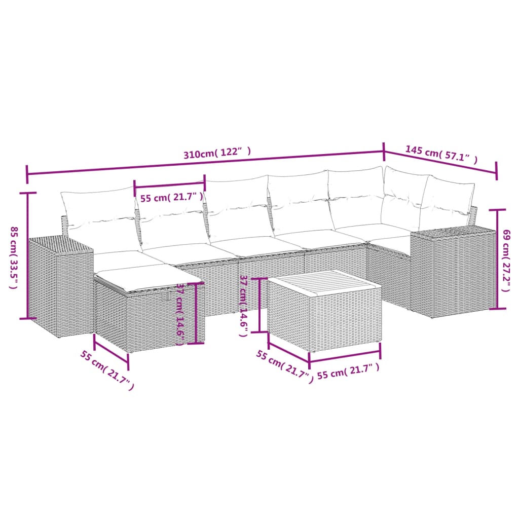 Set Divano Da Giardino 8 Pz Con Cuscini Beige Misto Polyrattan - Image 4