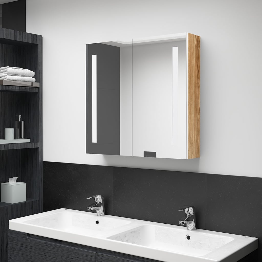 Armadietto Bagno Con Specchio E Led Bianco E Rovere 62x14x60 cm