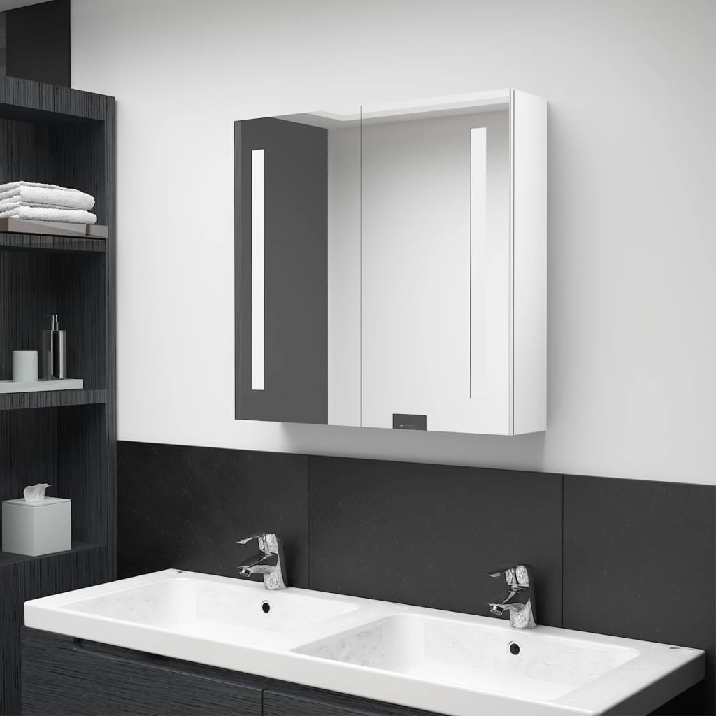Armadietto Bagno Con Specchio E Led Bianco Lucido 62x14x60 cm