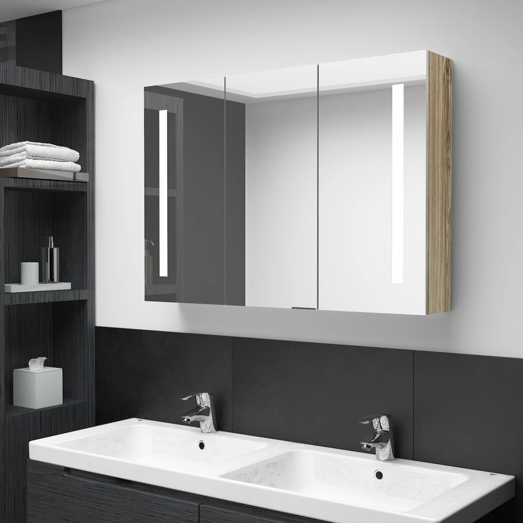 Armadietto Bagno Con Specchio E Led 89x14x62 Cm Rovere