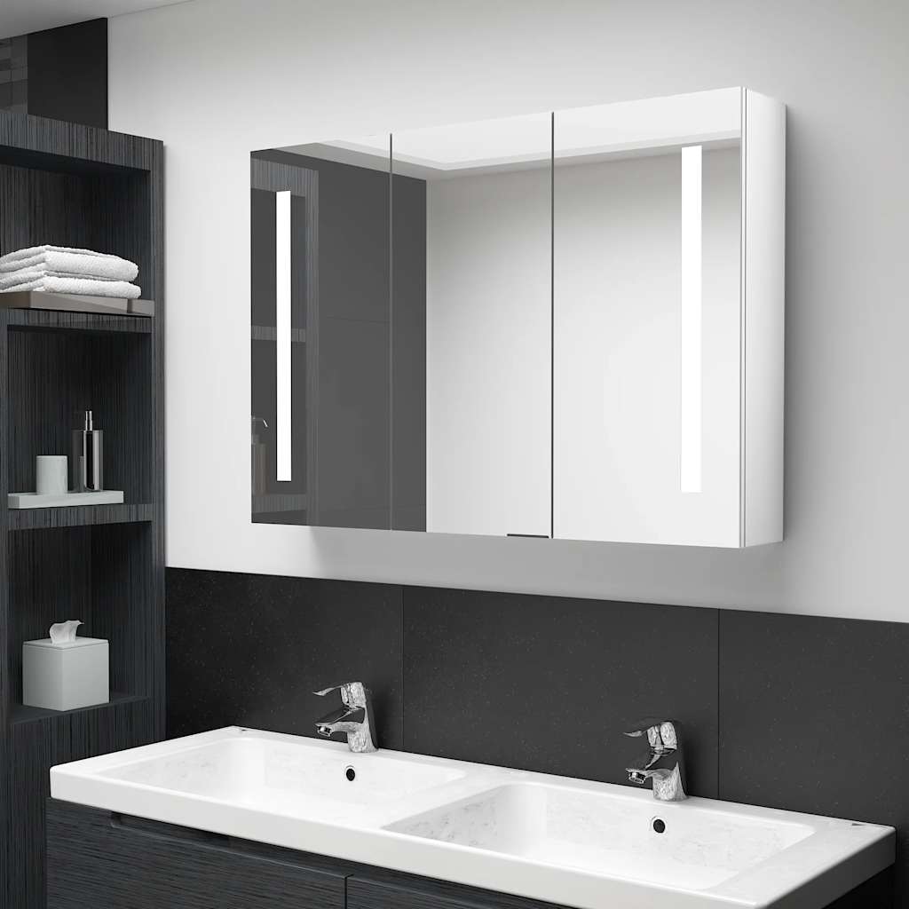 Armadietto Bagno Con Specchio E Led Bianco Lucido 89x14x62 cm