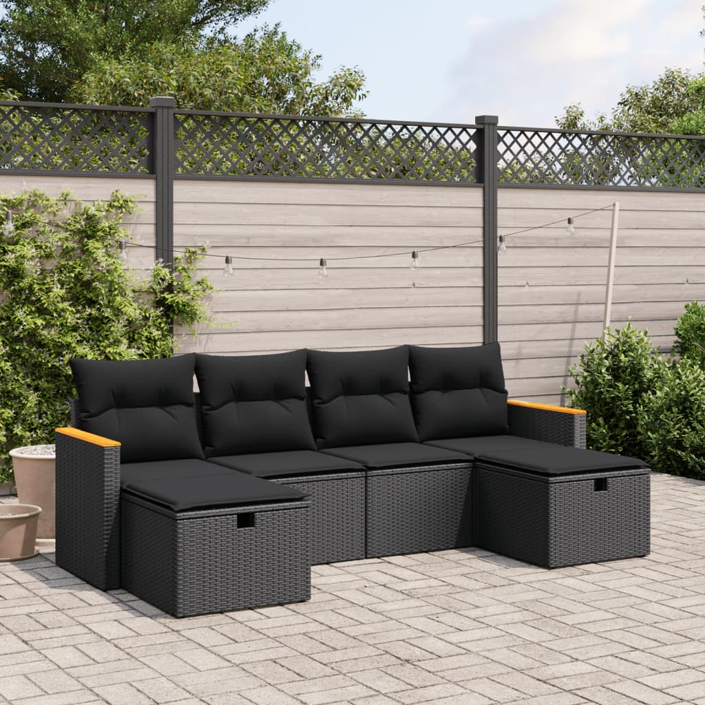 Set Divano Da Giardino 6 Pz Con Cuscini Nero In Polyrattan
