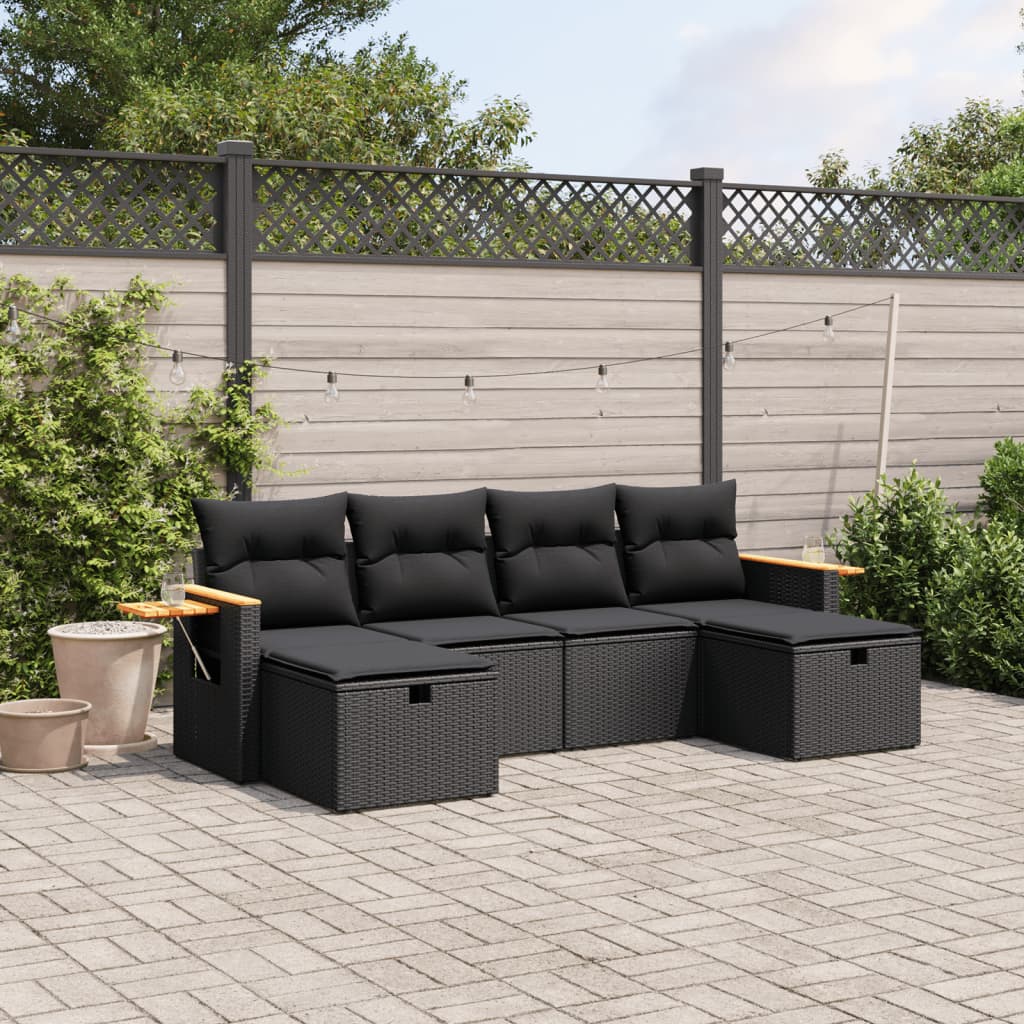 Set Divano Da Giardino 6 Pz Con Cuscini Nero In Polyrattan
