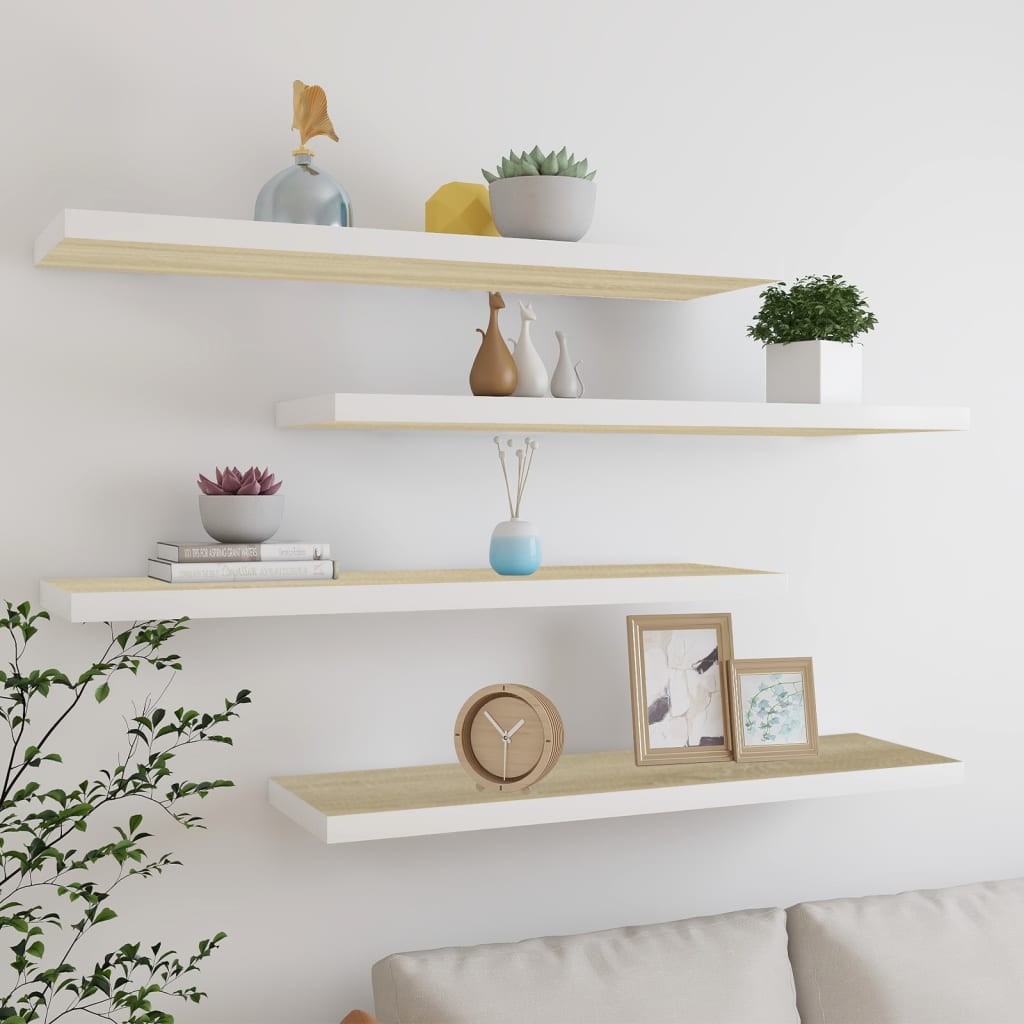 Scaffali A Parete 4 Pz Rovere E Bianco 90x23,5x3,8 Cm In Mdf