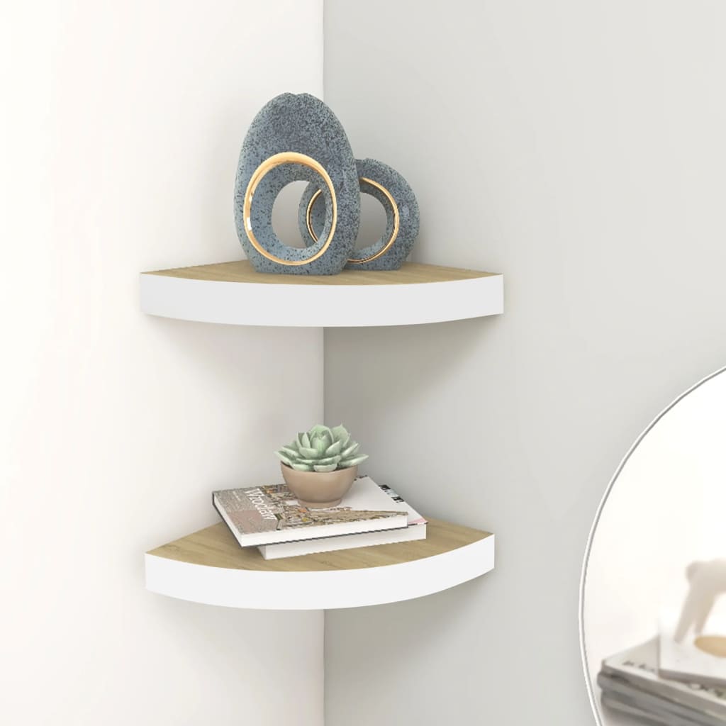 Mensole Angolari 2pz Rovere E Bianco 25x25x3,8 Cm In Mdf