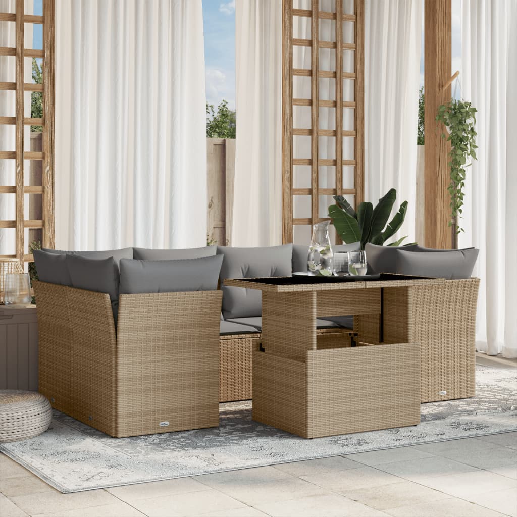 Set Divani Da Giardino 7 Pz Con Cuscini Beige In Polyrattan