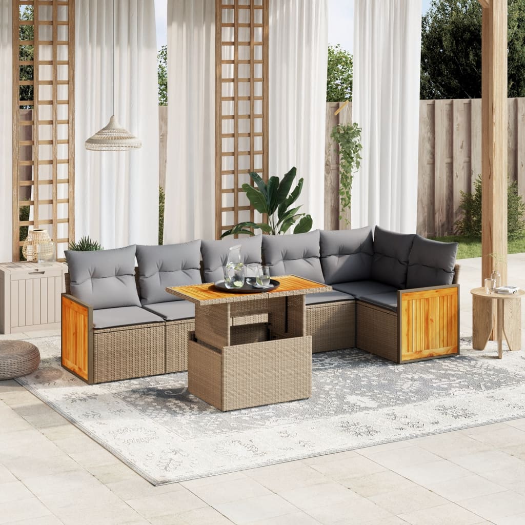 Set Divani Da Giardino 7 Pz Con Cuscini Beige In Polyrattan