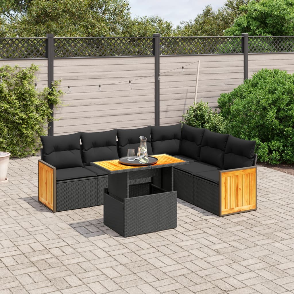 Set Divani Da Giardino Con Cuscini 7pz Nero Polyrattan
