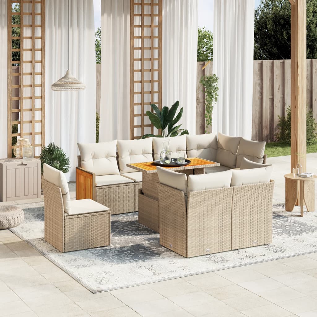 Set Divano Da Giardino 9 Pz Con Cuscini Beige In Polyrattan