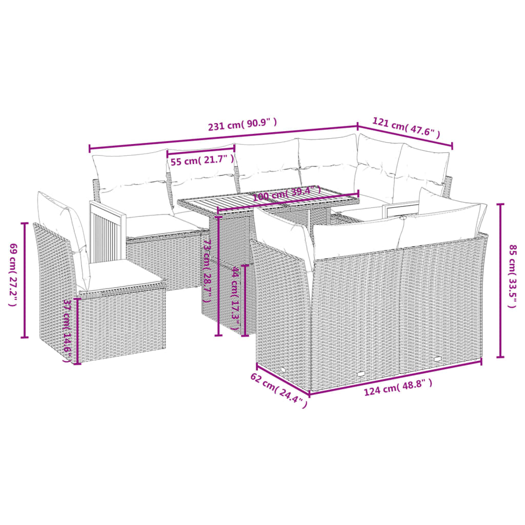 Set Divano Da Giardino 9 Pz Con Cuscini Beige In Polyrattan - Image 3