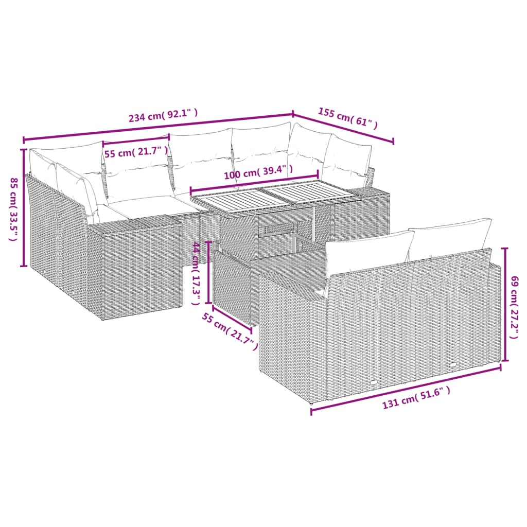 Set Divani Da Giardino 11 Pz Con Cuscini In Polyrattan Grigio - Image 3