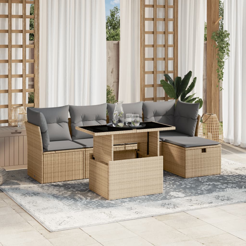 Set Divano Da Giardino 6 Pz Con Cuscini Beige In Polyrattan