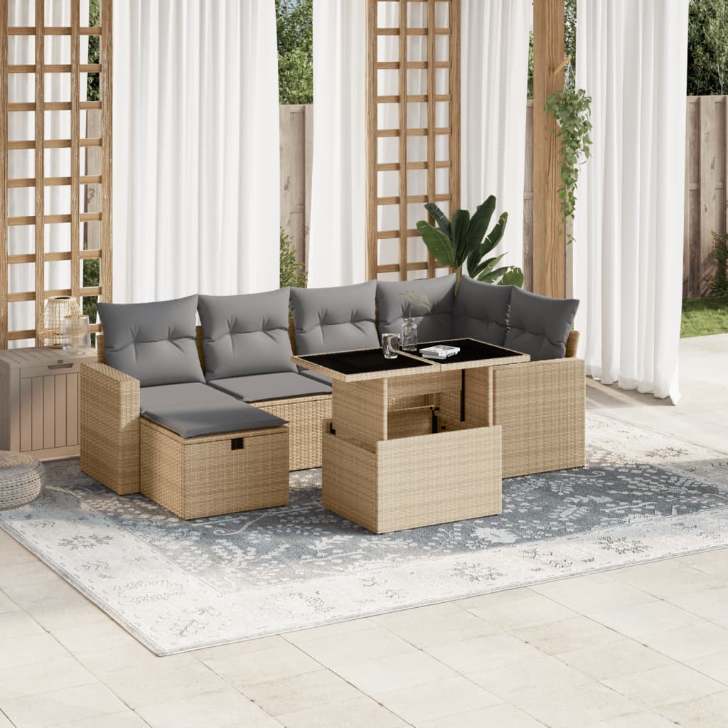 Set Divani Da Giardino 7 Pz Con Cuscini Beige In Polyrattan