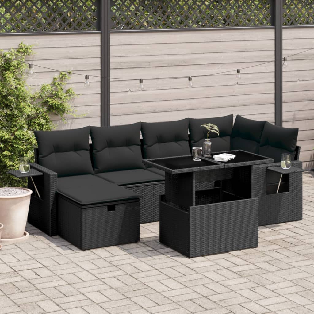 Set Divani Da Giardino Con Cuscini 7pz Nero Polyrattan
